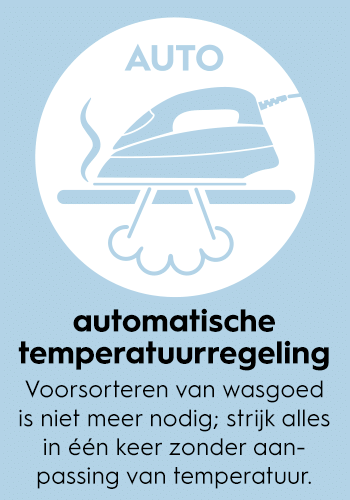 automatische temperatuurregeling
voorsorteren van wasgoed is niet meer nodig; strijk alles in één keer zonder aanpassing van temperatuur