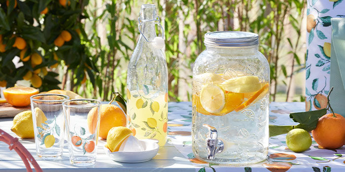 Dorst!
Je hebt dorst! Tijd voor iets verfrissends en verkoelends. Zoals water met wat (schijfjes) citroen of sinaasappel, dus even naar de keuken. Wat heb je nodig om zo’n drankje vervolgens in te serveren? De leukste glazen, flessen en dispensers.