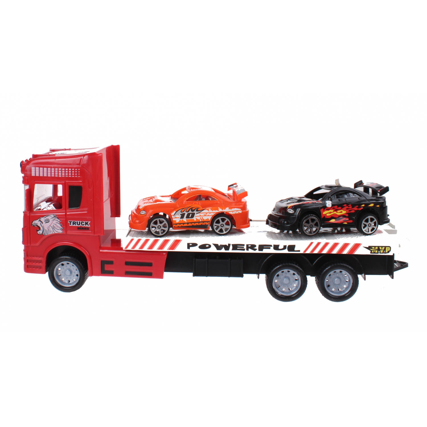 Diakakis Vrachtwagen met twee auto's 38 cm rood-oranje